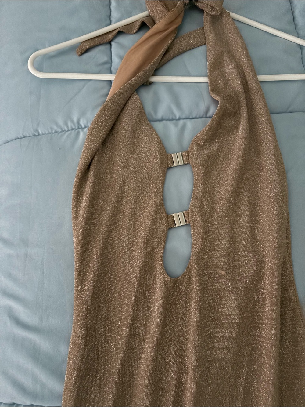 Tiger Mist Shimmery Taupe Halter Cutout Dress
